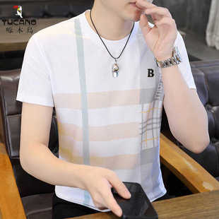 啄木鸟夏季新款冰丝短袖T恤男士百搭圆领半袖宽松青年印花体恤衫