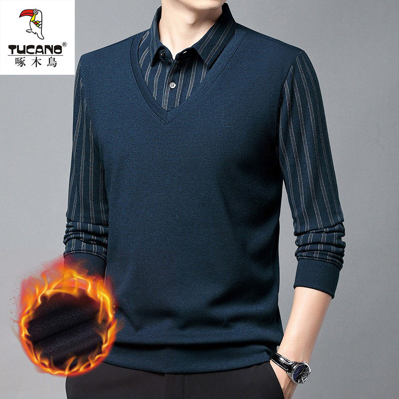 啄木鸟冬季加绒假两件衬衫领毛衣