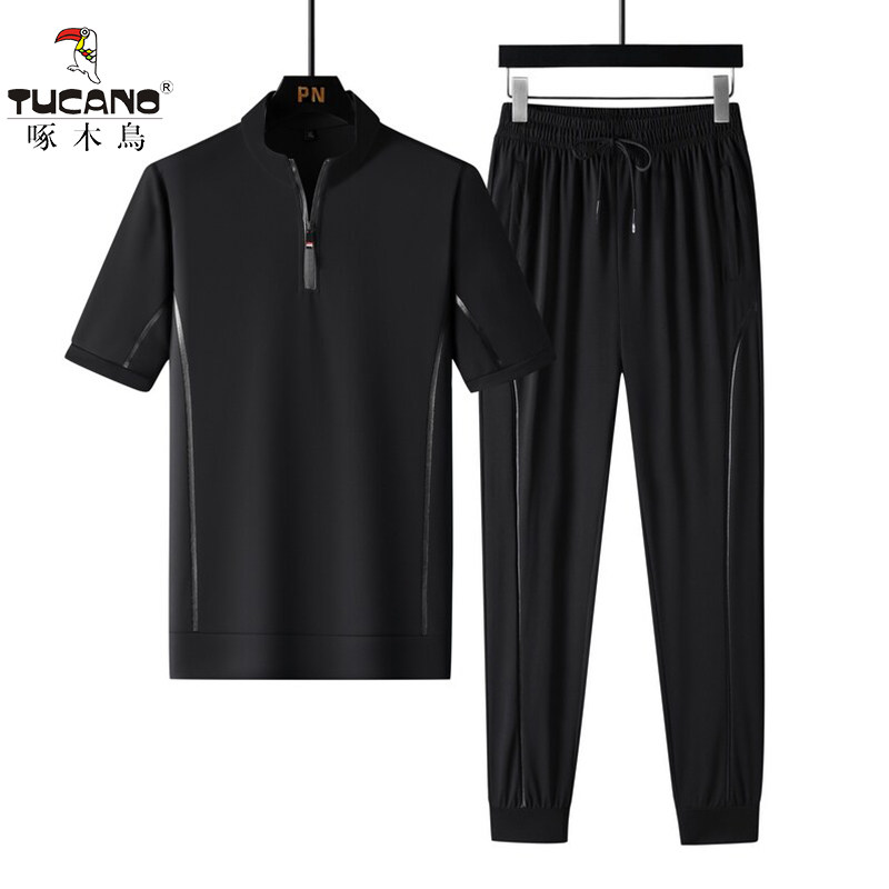 啄木鸟短袖长裤运动套装男夏季新款休闲跑步服速干透气两件套男装