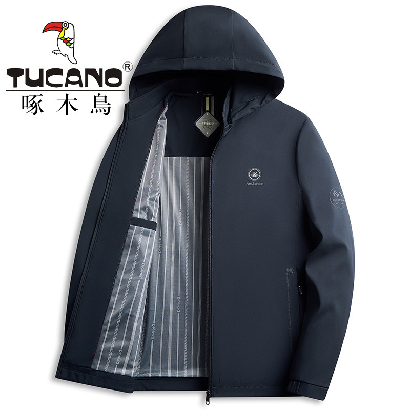 啄木鸟可拆卸连帽夹克男士春秋季新款中年爸爸装商务休闲茄克外套