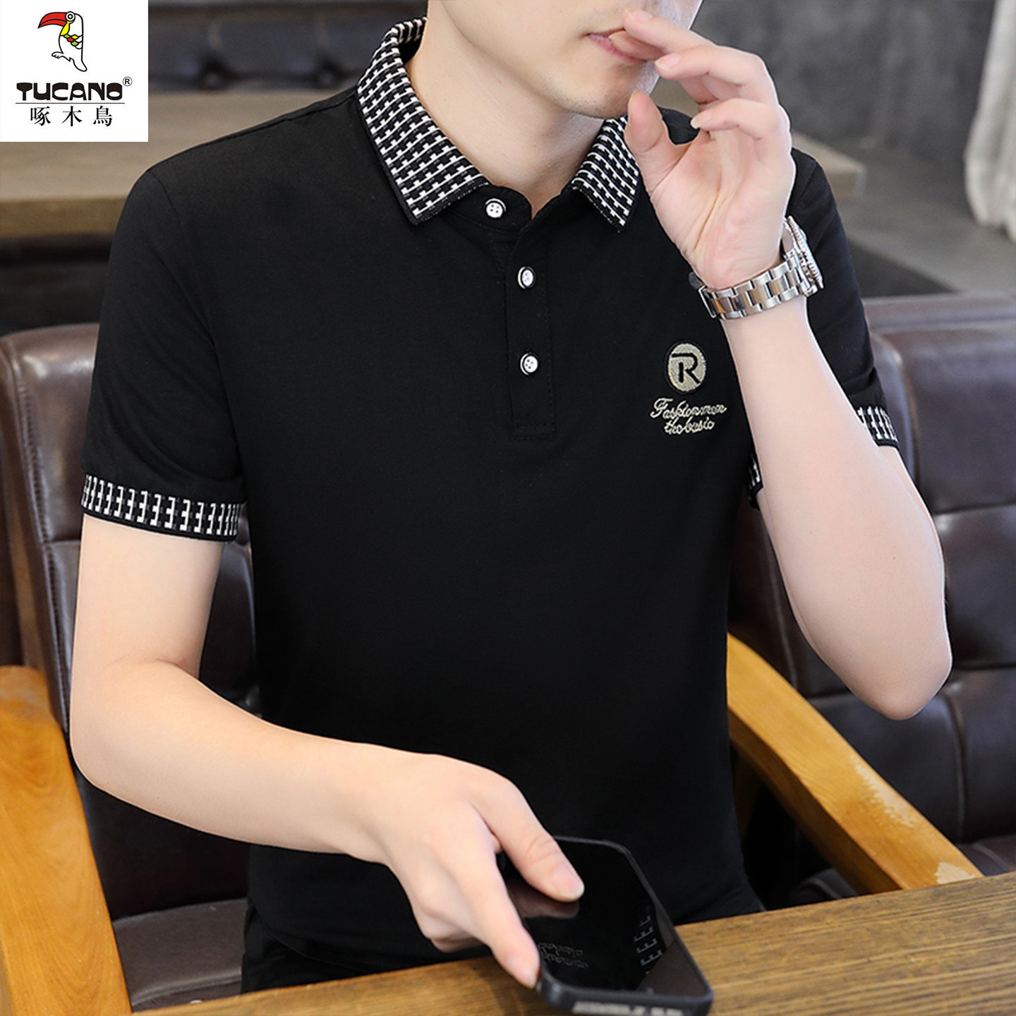 啄木鸟95棉质夏季男款翻领POLO衫男短袖商务休闲修身刺绣T恤上衣