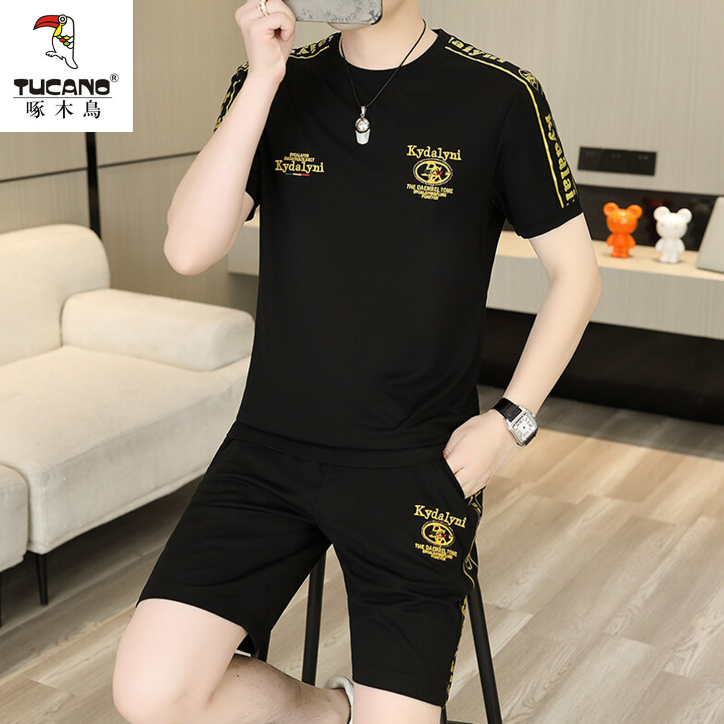 啄木鸟夏季男士圆领短袖T恤五分裤套装时尚百搭新款休闲运动套装