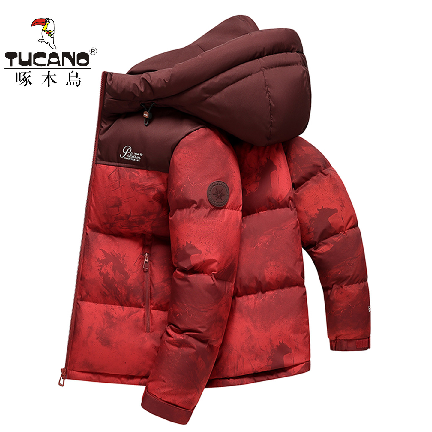 啄木鸟短款红色羽绒服男连帽加厚保暖本命年外套秋冬男款拼色外套