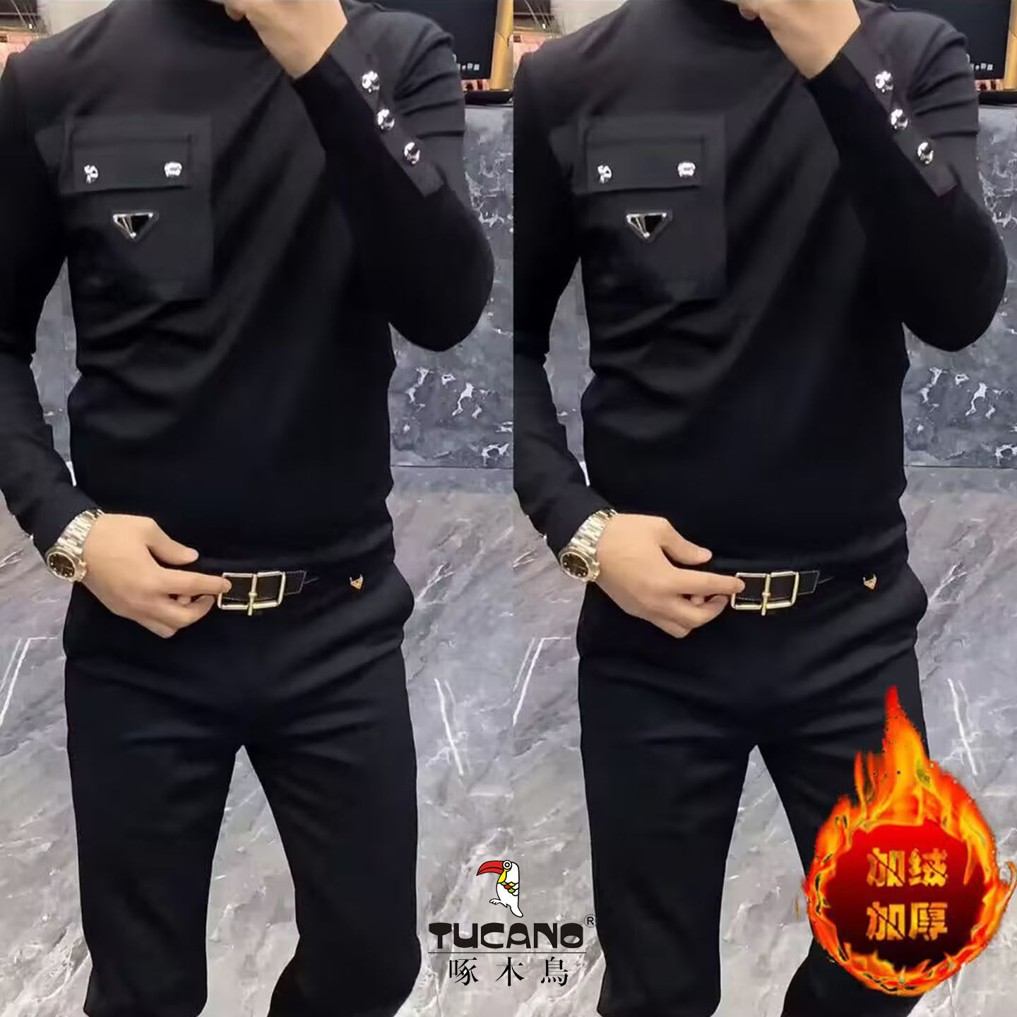 啄木鸟男士黑色加绒卫衣秋冬修身圆领长袖轻奢打底衫不易变形上衣