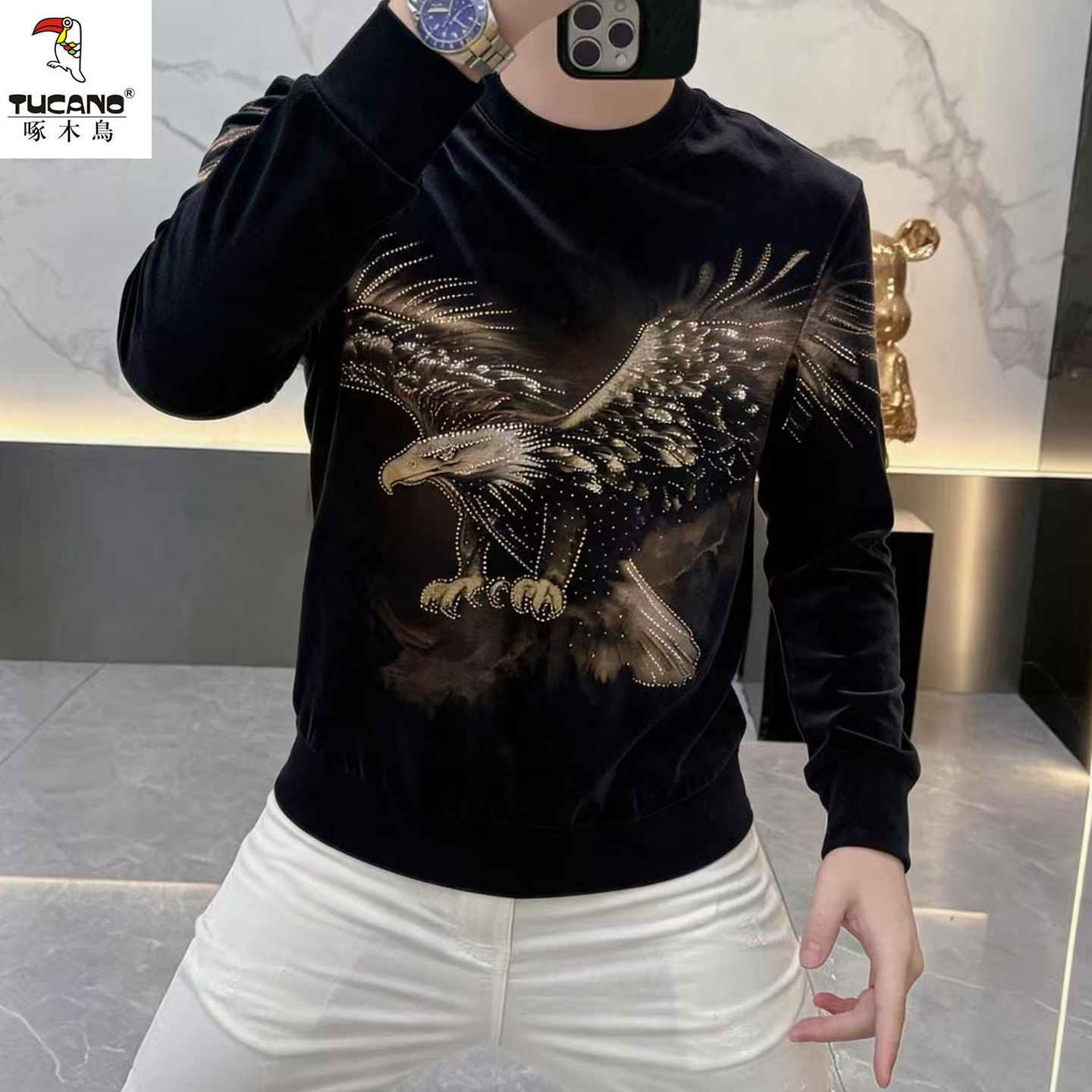 啄木鸟秋季老鹰烫钻丝绒男款卫衣
