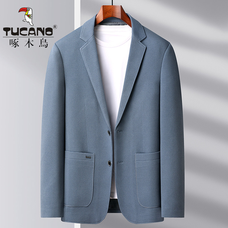 啄木鸟春秋冬针织华夫格单西装新款男装中青年商务休闲小西服外套
