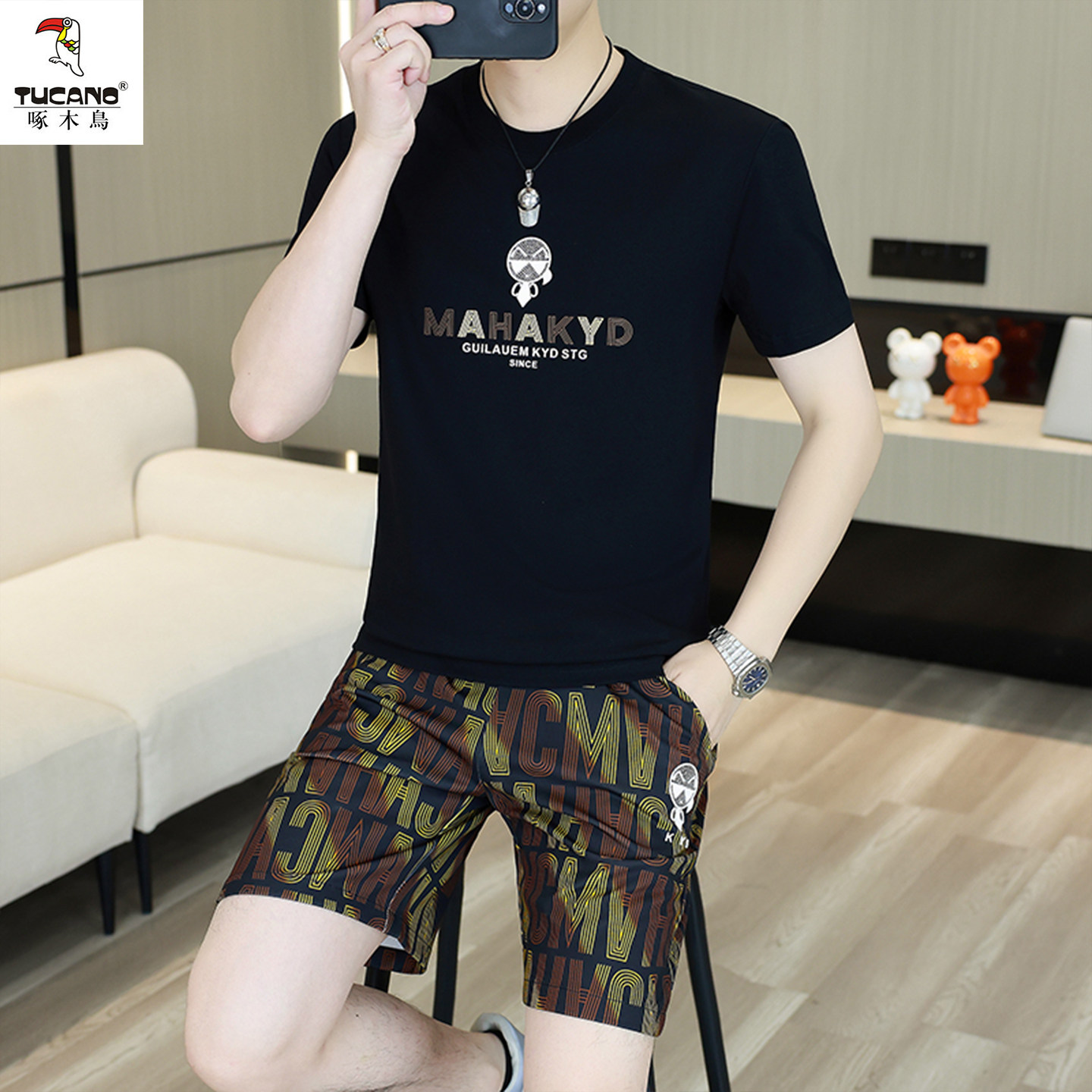 啄木鸟夏季新款男士短袖T恤短裤套装休闲舒适透气上衣男装两件套