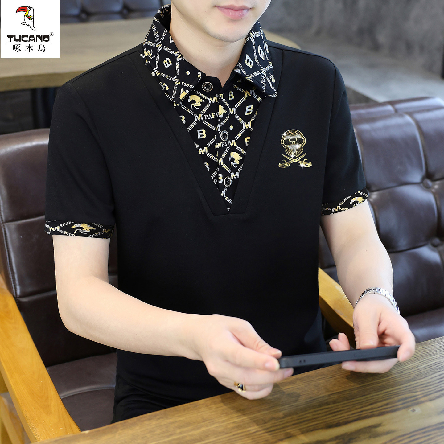 啄木鸟夏季男款假两件短袖POLO衫