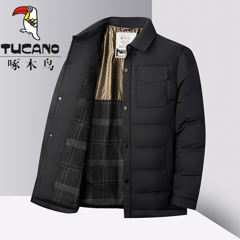 啄木鸟冬季鹅绒新款男士衬衫领羽绒服休闲时尚年轻保暖爸爸装外套