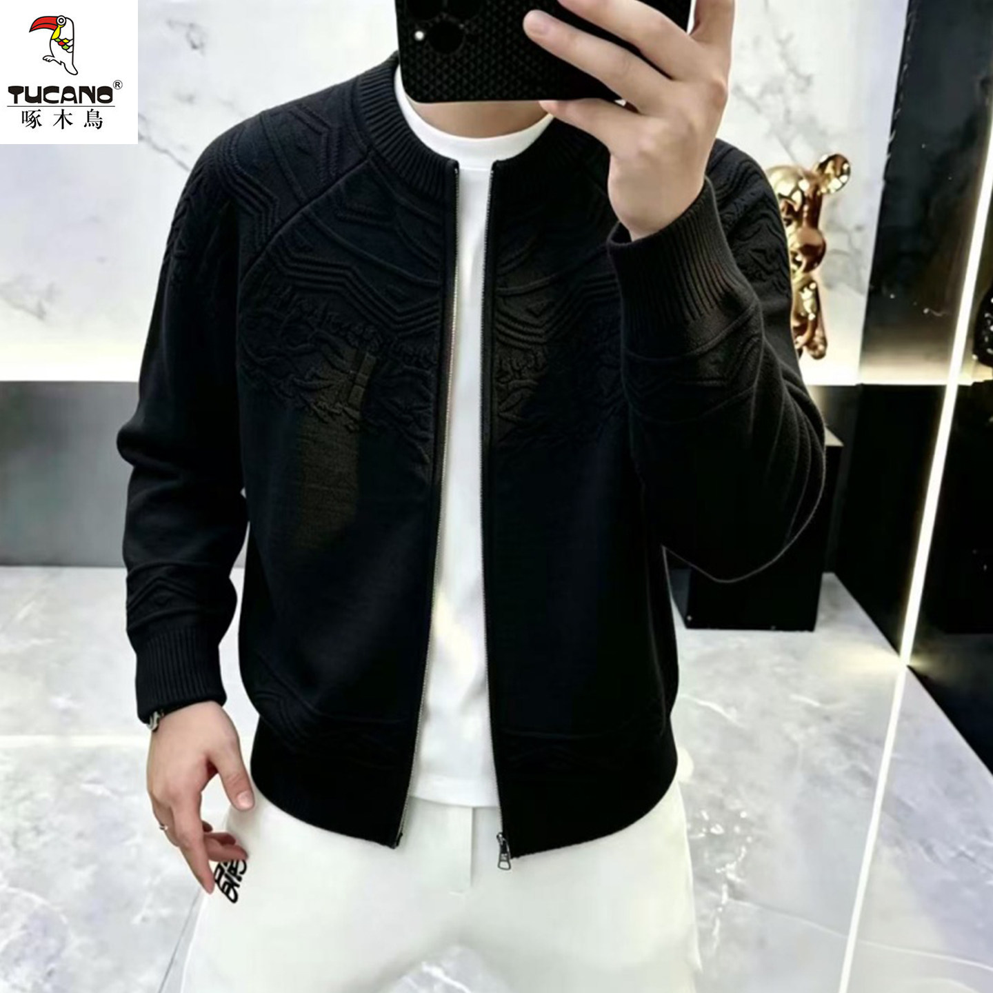 啄木鸟春秋男款圆领拉链针织开衫