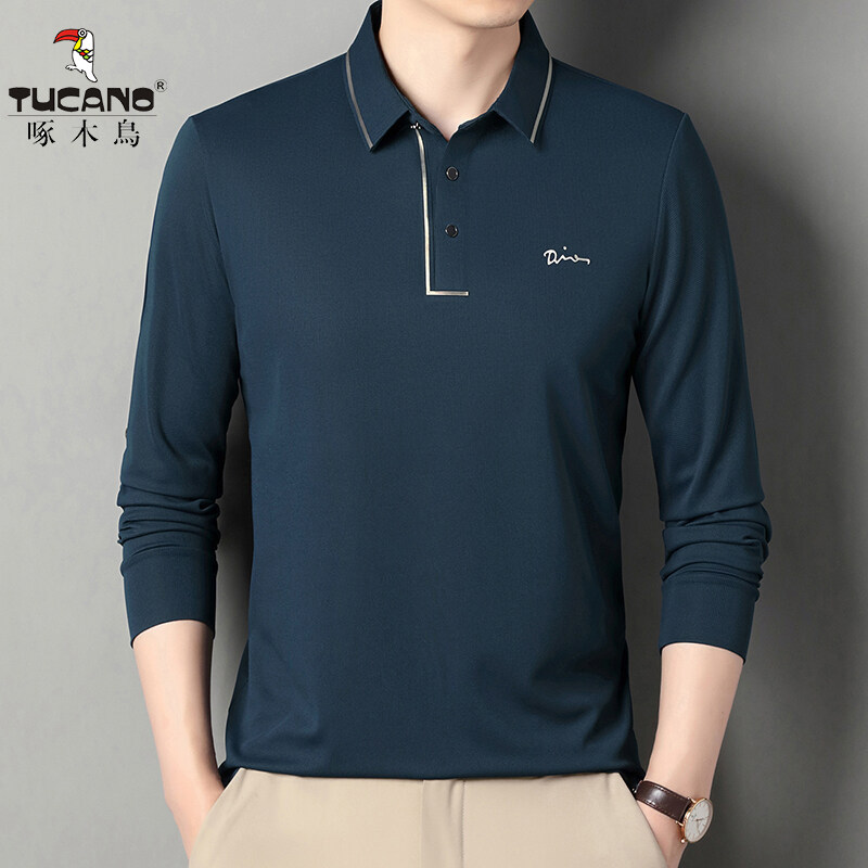 啄木鸟男士春秋长袖翻领无痕压胶t恤商务休闲抗皱免烫polo衫上衣