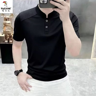 啄木鸟高端个性男款立领短袖t恤男潮牌时尚夏季新款男士条纹半袖T