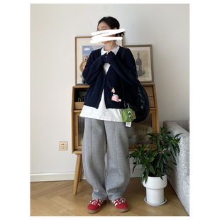 日式秋冬保暖空气层浅灰色卫裤松紧腰休闲弯刀裤长裤