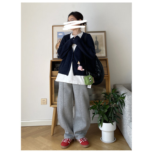 弯刀裤日单松紧腰浅灰色长裤休闲