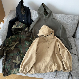 日系户外春新款 宽松套头上衣 纯棉半开扣连帽风衣轻质防风山系工装
