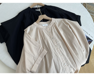 日单棉麻衬衫 黑色杂色九分袖休闲翻领衬衣