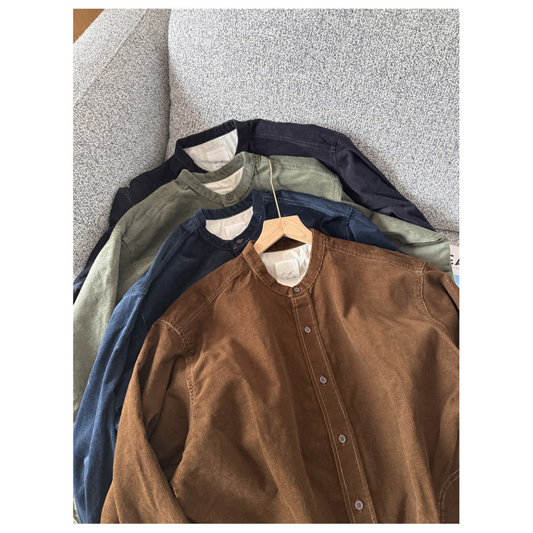 日式高品质纯棉灯芯绒圆领长袖衬衫 强调感十足日系简约立领外套