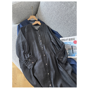 春夏款女日系风琴折衬衫裙宽松休闲长袖纯棉牛仔衬衣连身裙长裙