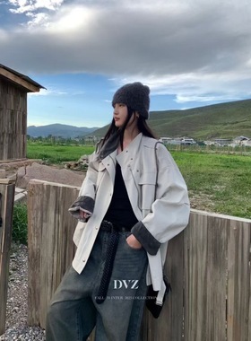 DVZ2025秋季新款韩版做旧工艺复古短风衣工装外套女6119