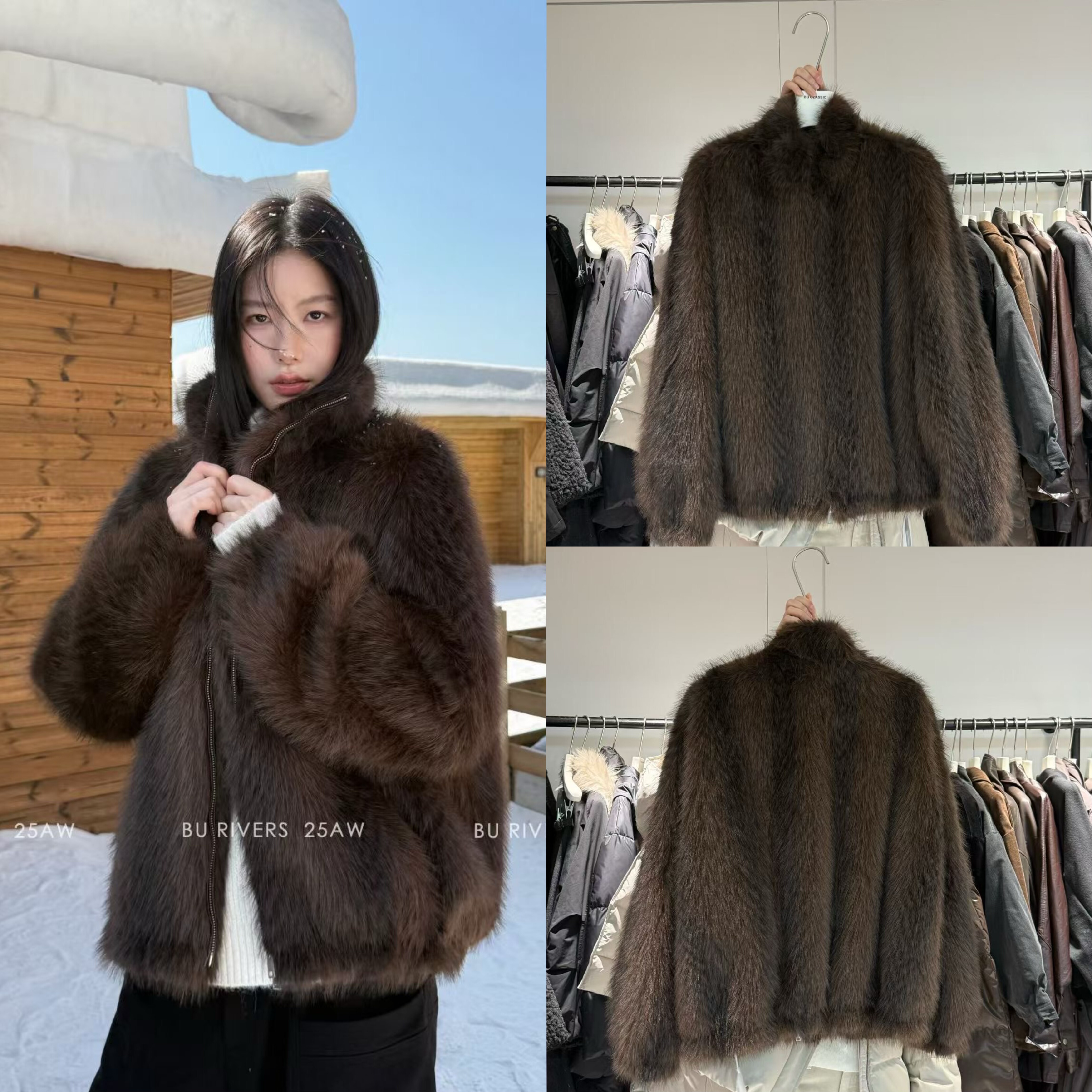 BU RIVERS2025秋冬新款韩系时尚环保毛保暖立领皮草外套女32652
