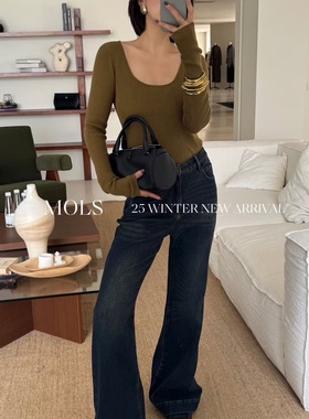 MOLS正品2025冬季新品韩系简约百搭显瘦腿长微喇牛仔裤