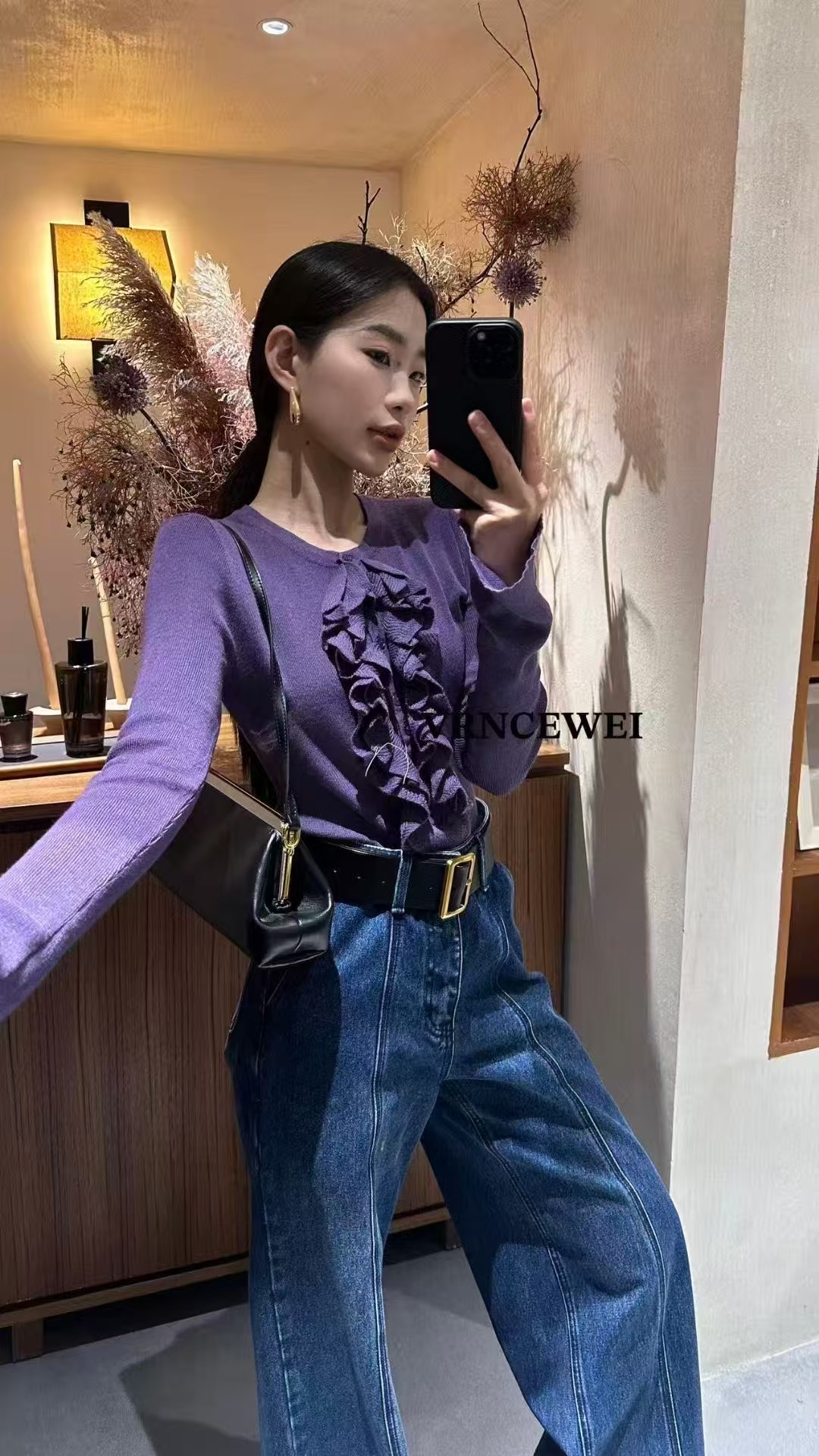 VRNCEWEI玮姐家正品法式圆领花边打底上衣套头喇叭袖针织衫女秋