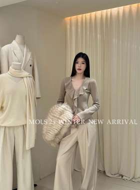 MOLS正品2025秋冬新款V领荷叶边针织开衫甜美针织衫打底毛衣60260