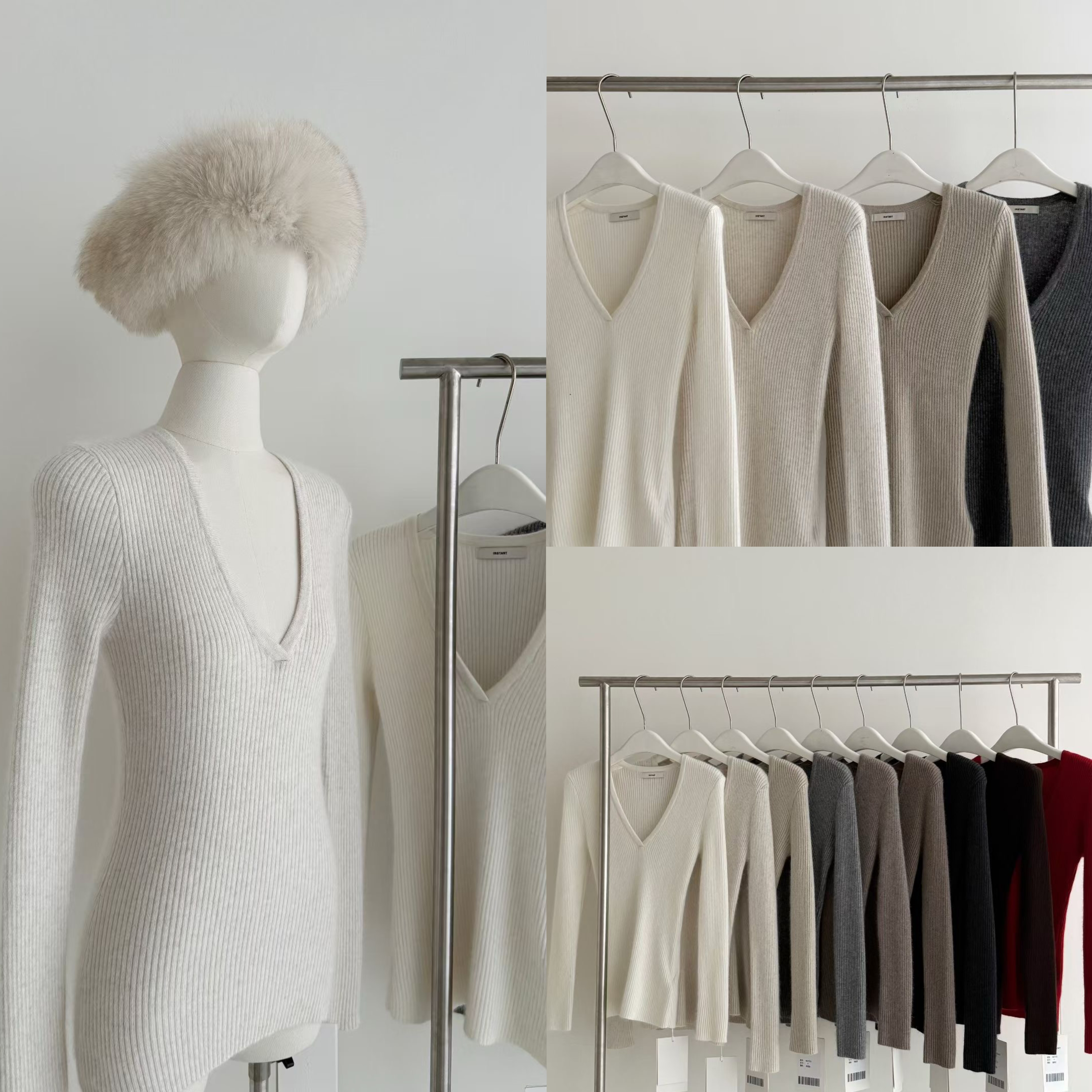 INSTANT韩版V领浣熊绒修身显瘦针织衫保暖柔软打底衫上衣80755