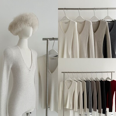 INSTANT韩版V领浣熊绒修身显瘦针织衫保暖柔软打底衫上衣80755