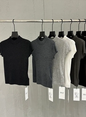 DVZ极简半高领针织短袖打底衫女设计感小众内搭修身t恤上衣0109