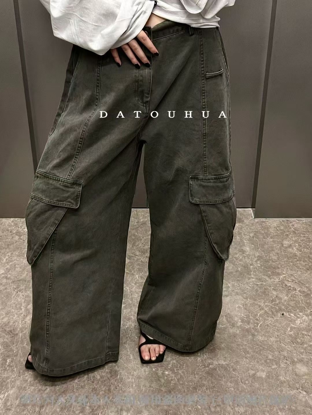 R13美式复古水洗褶皱工装裤女秋季潮牌vibe高街宽松阔腿休闲长裤