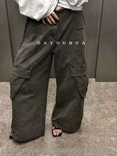 潮牌vibe高街宽松阔腿休闲长裤 R13美式 女秋季 裤 复古水洗褶皱工装