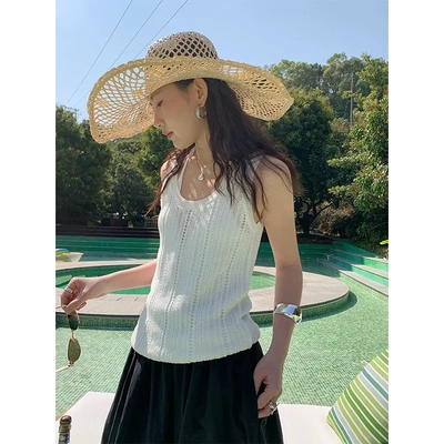 MFIVE法式针织上衣女2025夏季新款V领镂空挂脖假两件吊带背心5725