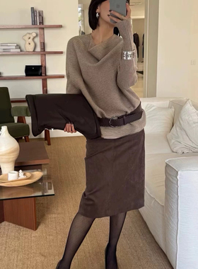 mols正品2025冬季新款高智感反绒后开叉高腰半裙中裙配腰带5129