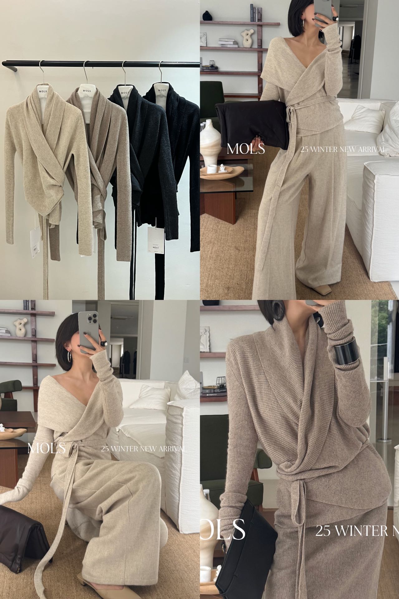 MOLS2025秋冬新款不规则交叉v领羊毛针织衫毛衣上衣女