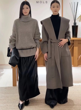 MOLS2025秋冬新款高级感浴袍款系腰带连帽双面呢长款羊绒大衣5107