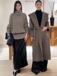 羊绒大衣5107 系腰带连帽双面呢长款 MOLS2025秋冬新款 高级感浴袍款