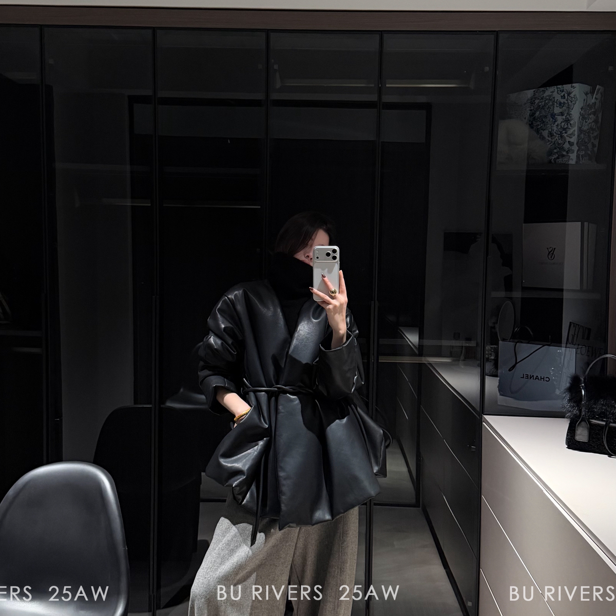 BU RIVERS-暖V领PU羊毛棉显瘦暗门襟保暖棉服外套(配腰绳)S32613