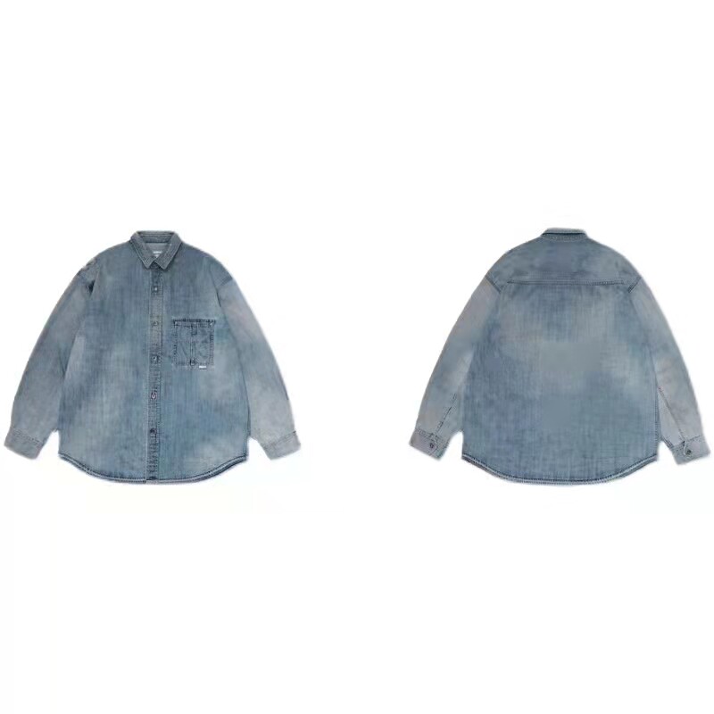 水洗口袋宽松长袖牛仔衬衫余文乐