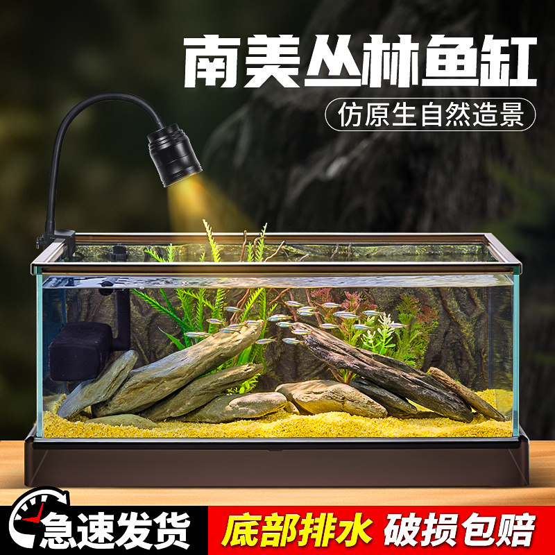 超白玻璃鱼缸南美风溪流造景新款客厅小型桌面草缸生态鱼龟混养缸