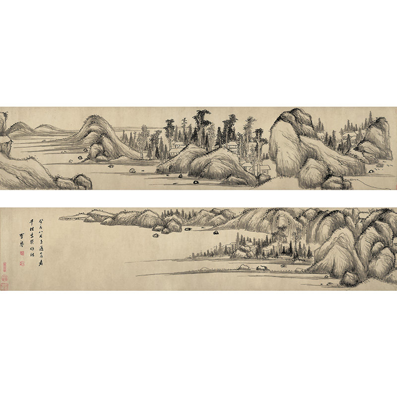 高清复刻明代李流芳溪山平远图国画横幅山水画长卷艺术微喷装饰画