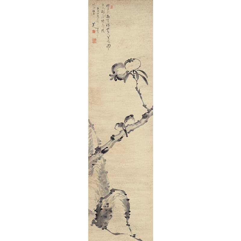 名画复制品八大山人朱耷石榴小鸟水墨花鸟画国画艺术微喷装饰画
