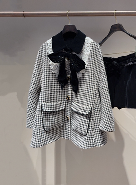 现货拉飞家2025秋款复古重工蕾丝钉珠千鸟格斗篷外套LF25Q03SY053