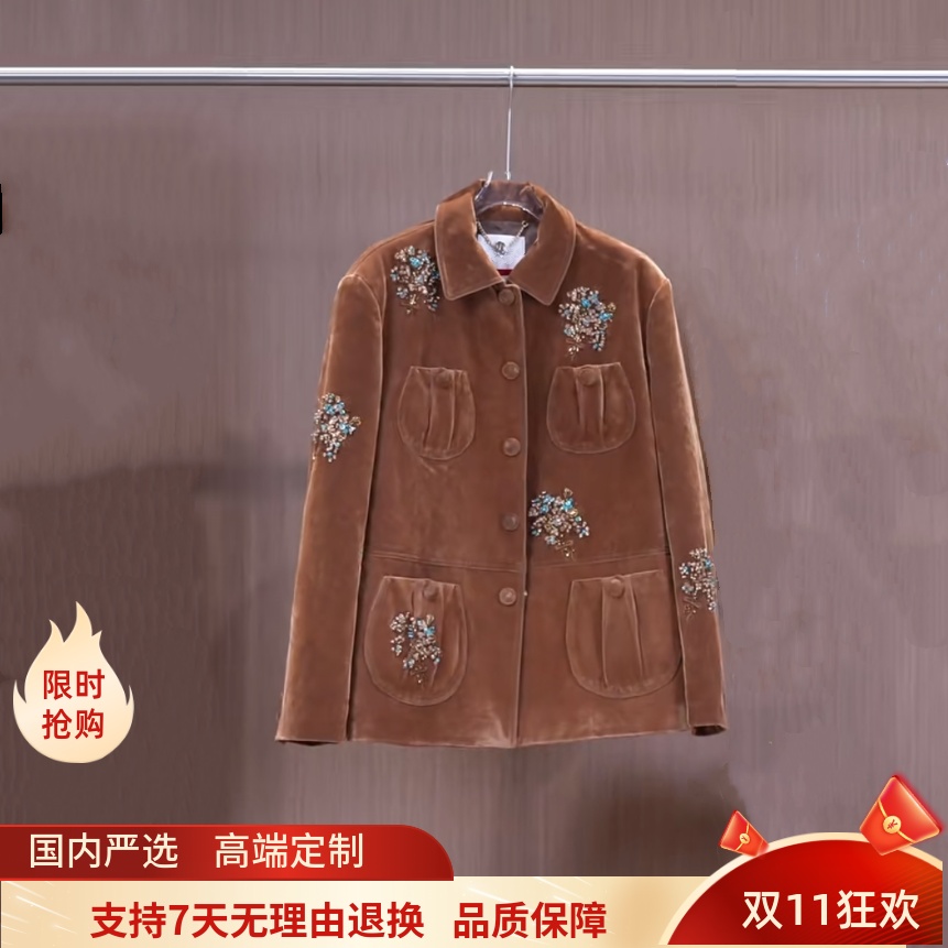 现货拉飞家2025秋款女宽松重工钉珠刺绣丝绒外套上衣LF25Q41SC054