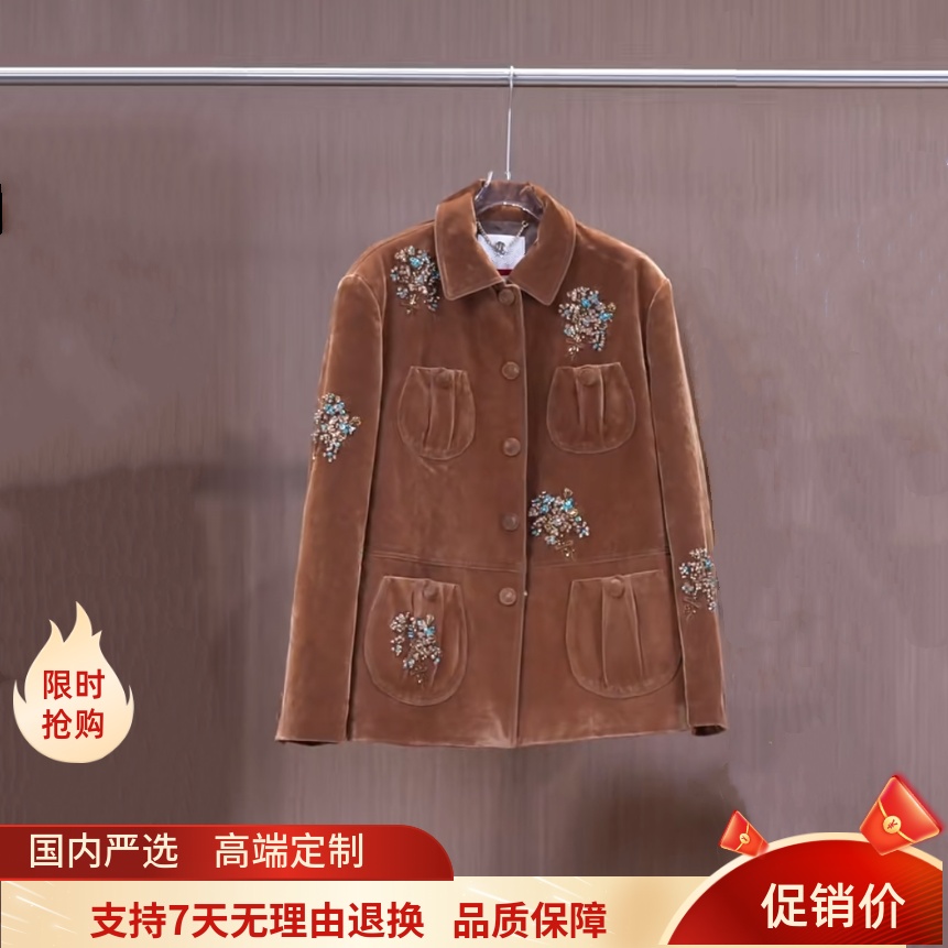 现货拉飞家2025秋款女宽松重工钉珠刺绣丝绒外套上衣LF25Q41SC054
