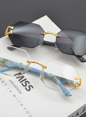 欧美复古大框多边形无框切边墨镜