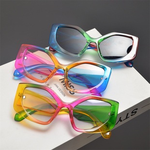 y2k千禧风未来感多边形彩虹糖果色太阳眼镜女高级感圆脸猫眼墨镜