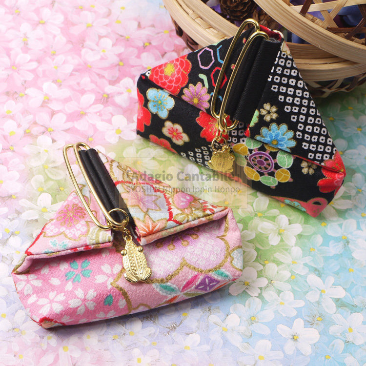 日本京都财布袋和风和服皱绸面料三角锁扣搭扣零钱包荷包招财金蛙