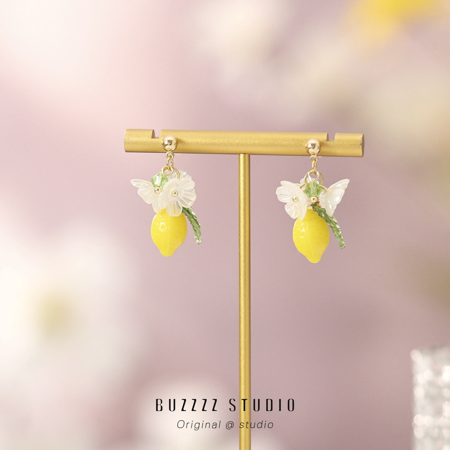柠香夏花 手作柠檬花朵耳环女甜美少女可爱黄色小清新耳钉耳夹女