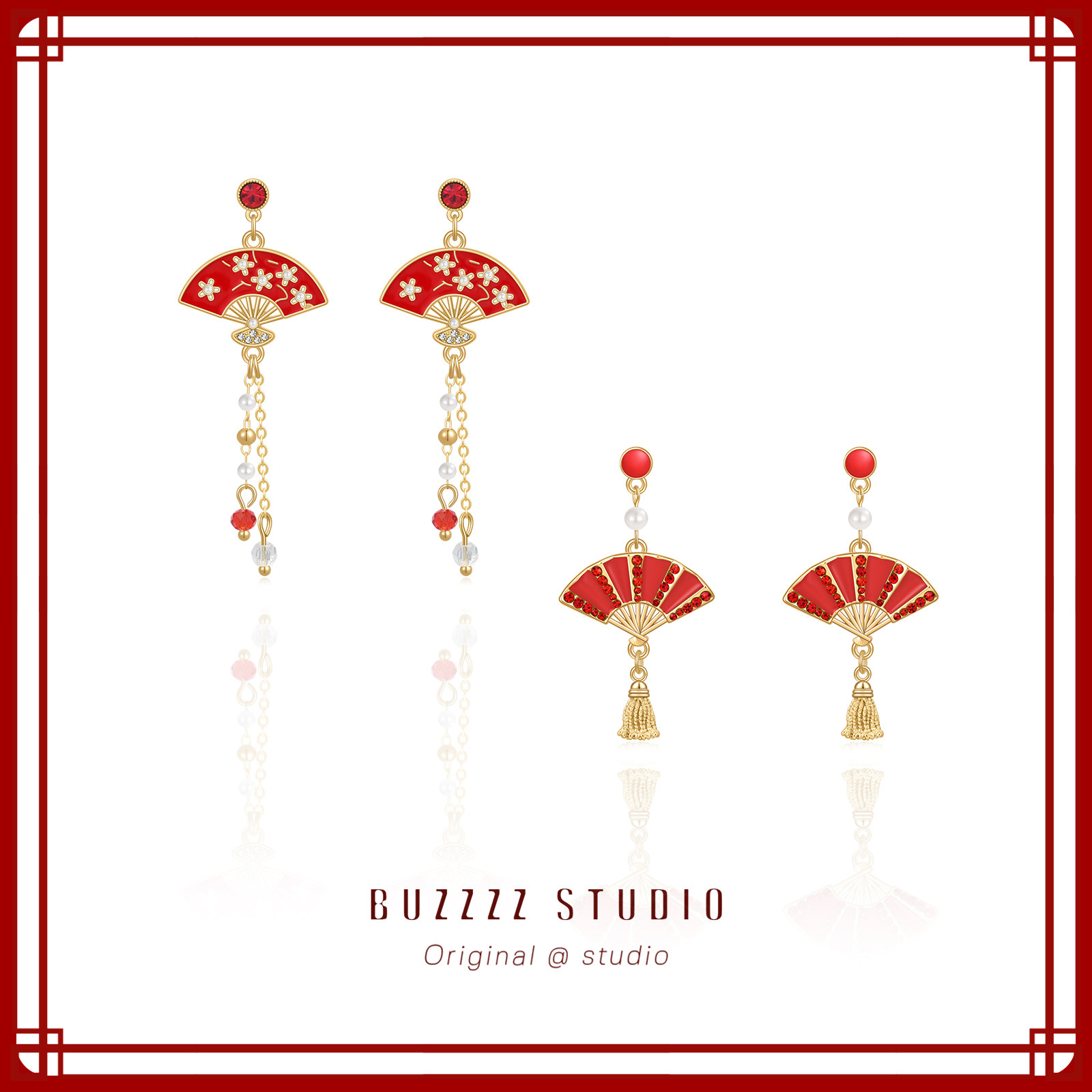 原创设计中国风折扇国潮中式古风旗袍耳钉过年结婚高级感耳环耳夹